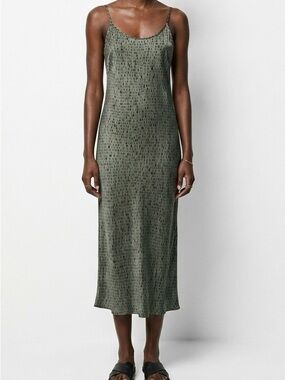 New Eileen Fisher Silk Organic Cotton Green Geometric Print Camisole Dress Sz PS